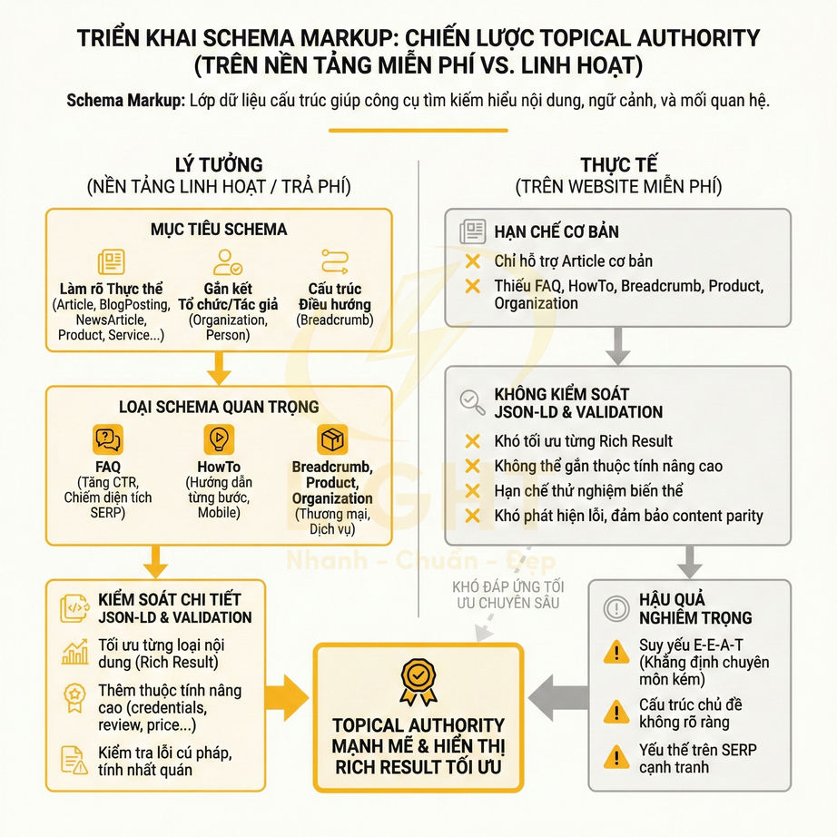Sơ đồ triển khai schema markup xây dựng topical authority và tối ưu rich result cho website SEO