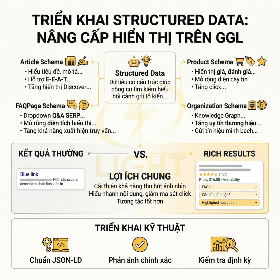 Infographic hướng dẫn triển khai structured data để cải thiện rich results và hiển thị SEO trên Google