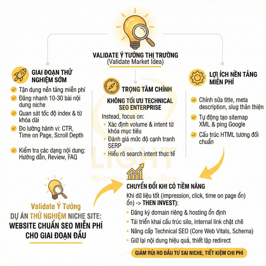 Infographic quy trình validate ý tưởng thị trường và triển khai website niche chuẩn SEO miễn phí