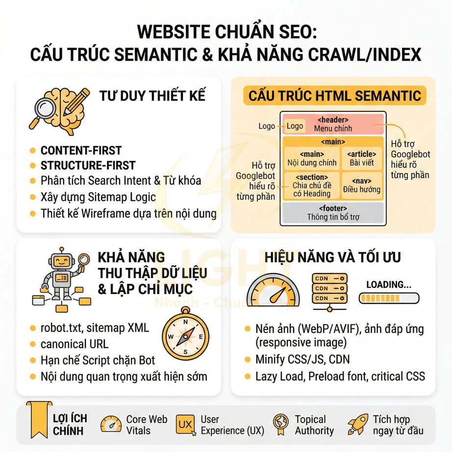 Infographic hướng dẫn cấu trúc website chuẩn SEO với HTML semantic, crawl index, hiệu năng và lợi ích chính