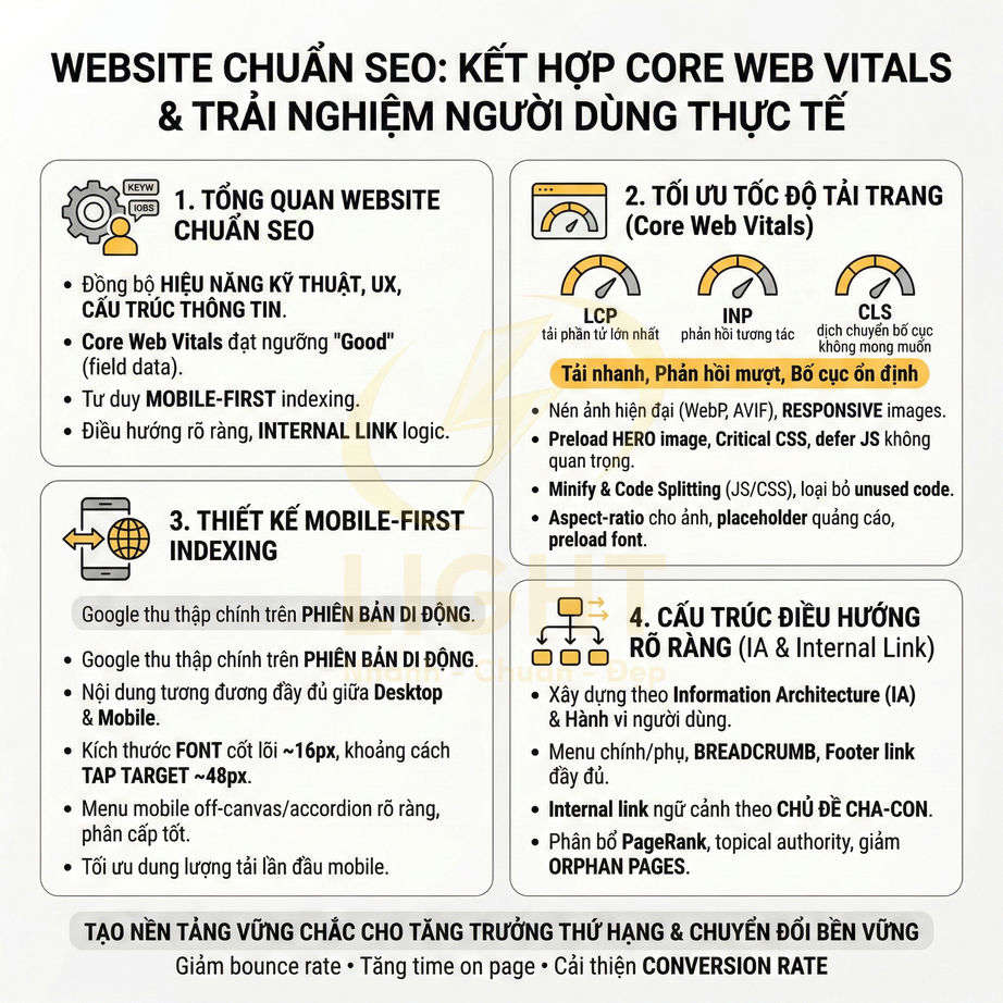 Infographic hướng dẫn tối ưu website chuẩn SEO kết hợp Core Web Vitals và trải nghiệm người dùng