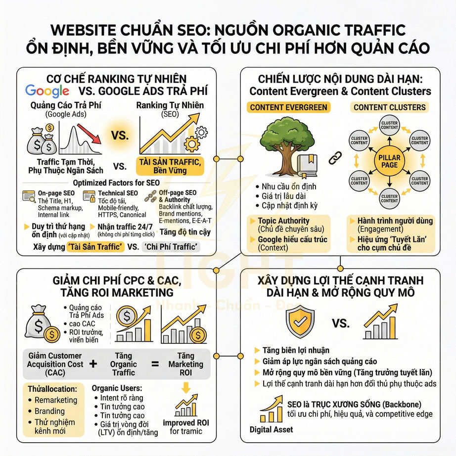 Infographic giải thích lợi ích website chuẩn SEO trong tăng organic traffic, giảm chi phí quảng cáo và xây dựng lợi thế cạnh tranh