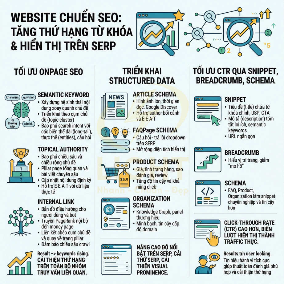 Infographic hướng dẫn tối ưu SEO onpage, structured data và snippet để tăng thứ hạng từ khóa trên Google SERP