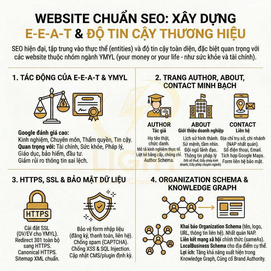 Infographic hướng dẫn xây dựng website chuẩn SEO với E-E-A-T, bảo mật HTTPS và tối ưu độ tin cậy thương hiệu