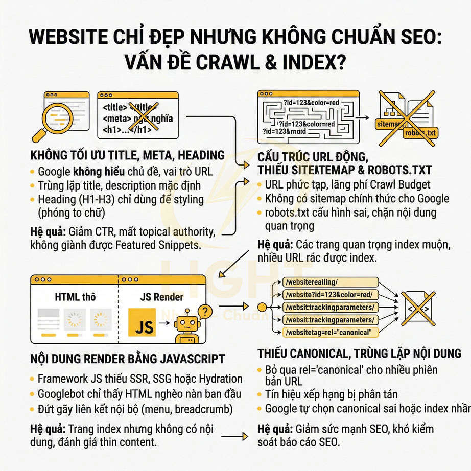 Infographic các lỗi SEO phổ biến khiến website khó crawl và index như URL động, thiếu sitemap, robots.txt, canonical