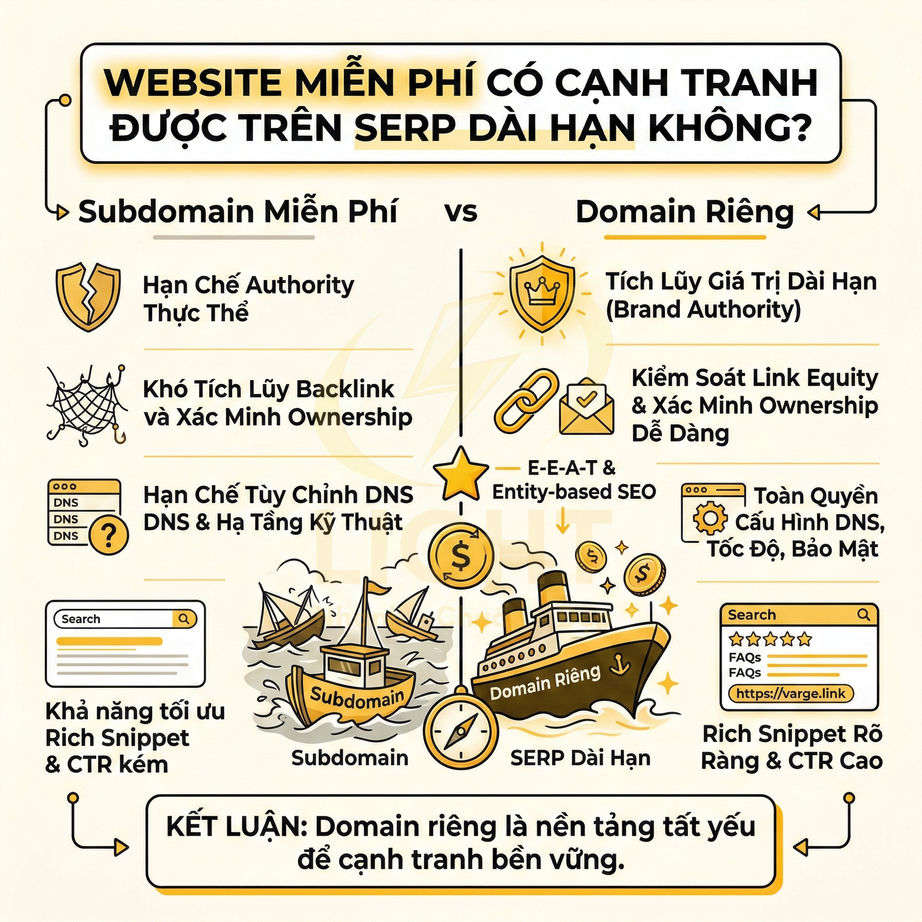Infographic so sánh subdomain miễn phí và domain riêng về SEO, nhấn mạnh domain riêng tối ưu SERP dài hạn