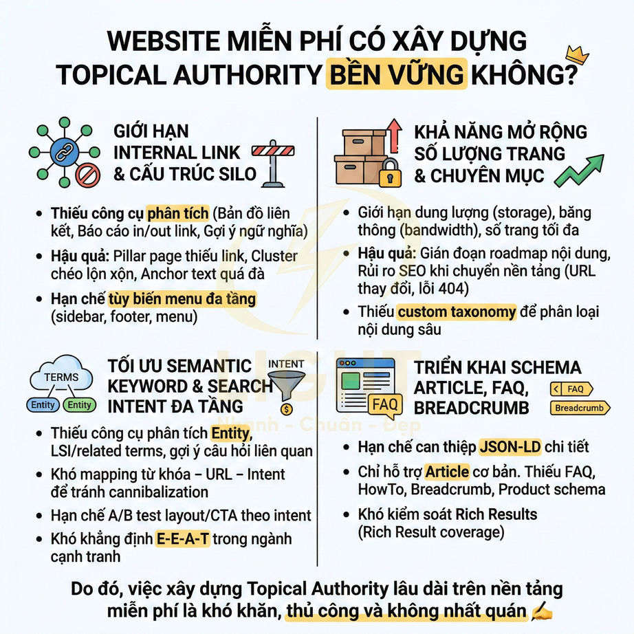 Infographic phân tích hạn chế của website miễn phí trong xây dựng topical authority bền vững cho SEO