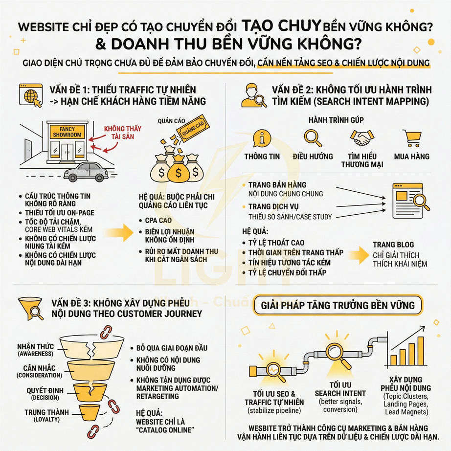 Infographic tiếng Việt về các vấn đề SEO website và giải pháp tăng trưởng bền vững cho doanh nghiệp