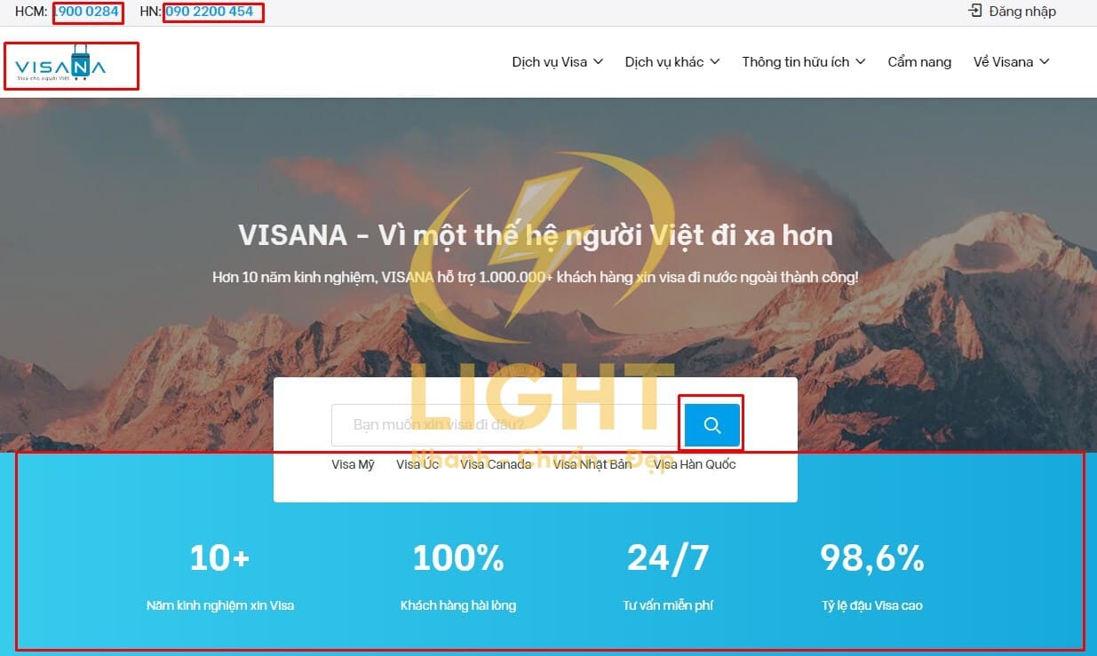 Giao diện thiết kế website dịch vụ visa hộ chiếu của VISANA