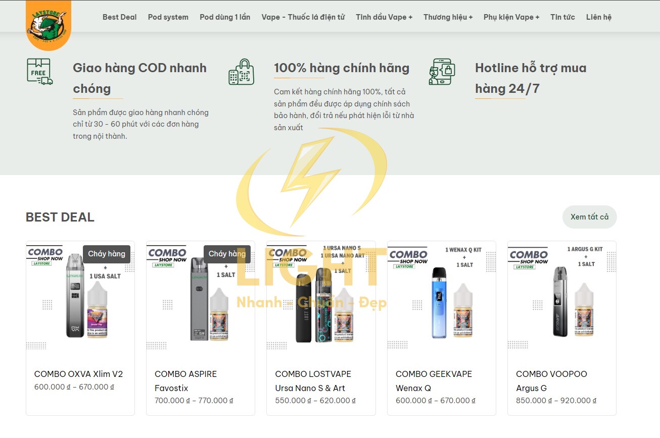 Giao diện trang web bán vape thuốc lá điện tử của Layvape