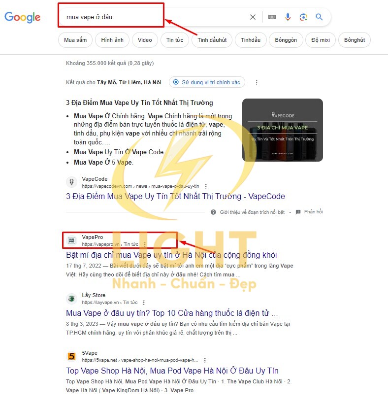 Hiển thị trong top tìm kiếm dựa vào một vài viết trên website bán vape