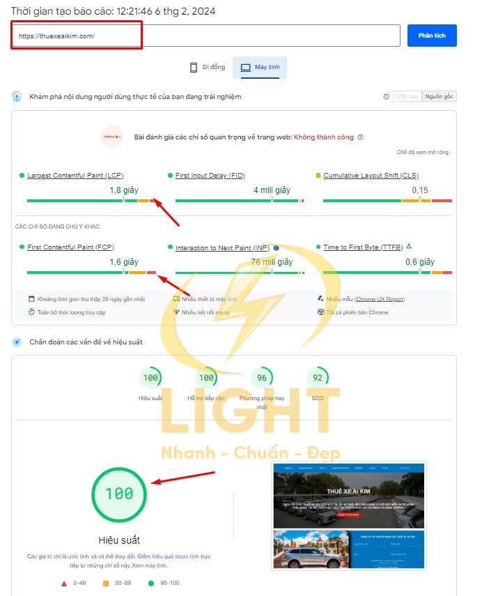 Hiệu suất cao của trang website cho thuê xe Ái Kim trên nền tảng LIGHT