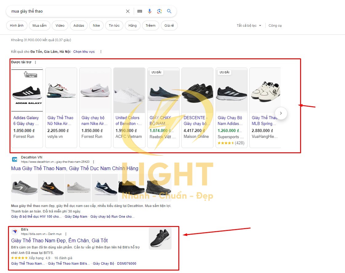 Kết quả hiển thị tìm kiếm cụm từ “mua giày thể thao” trên Google
