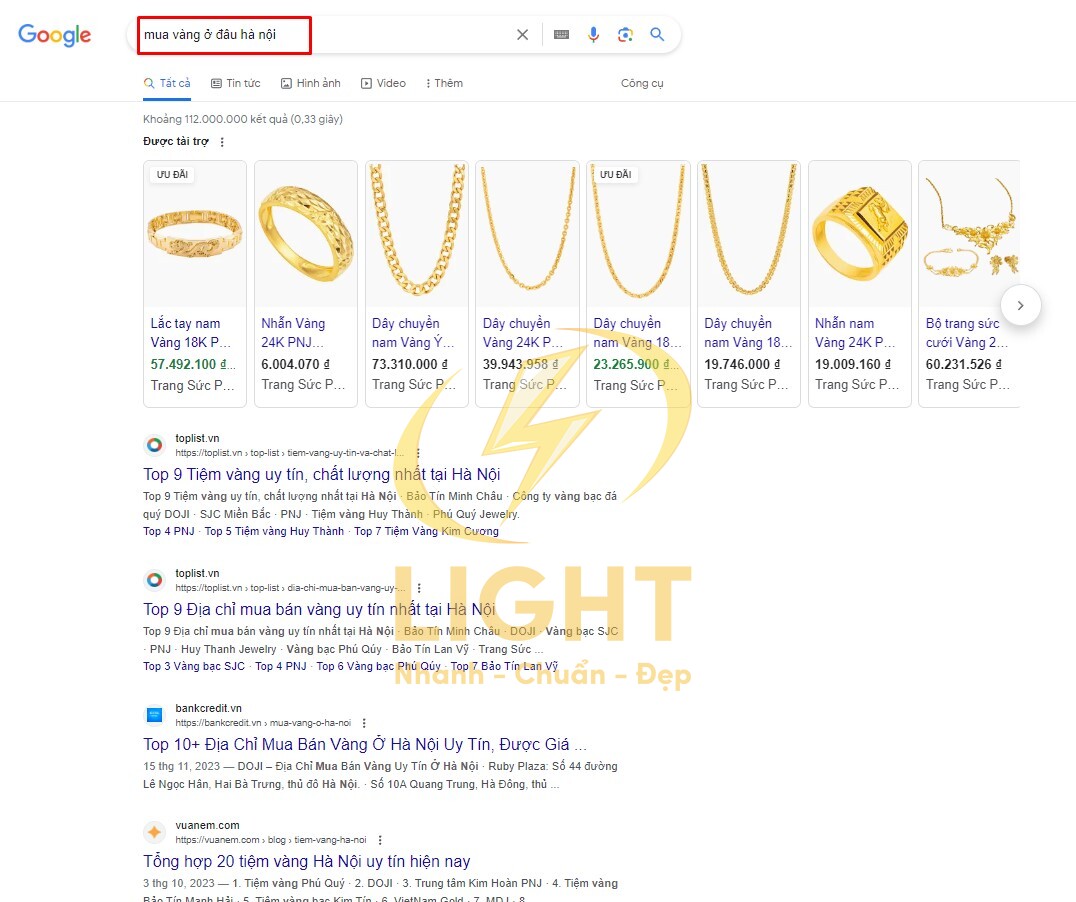 Tìm kiếm một website bán vàng với cách gõ từ khóa trên Google