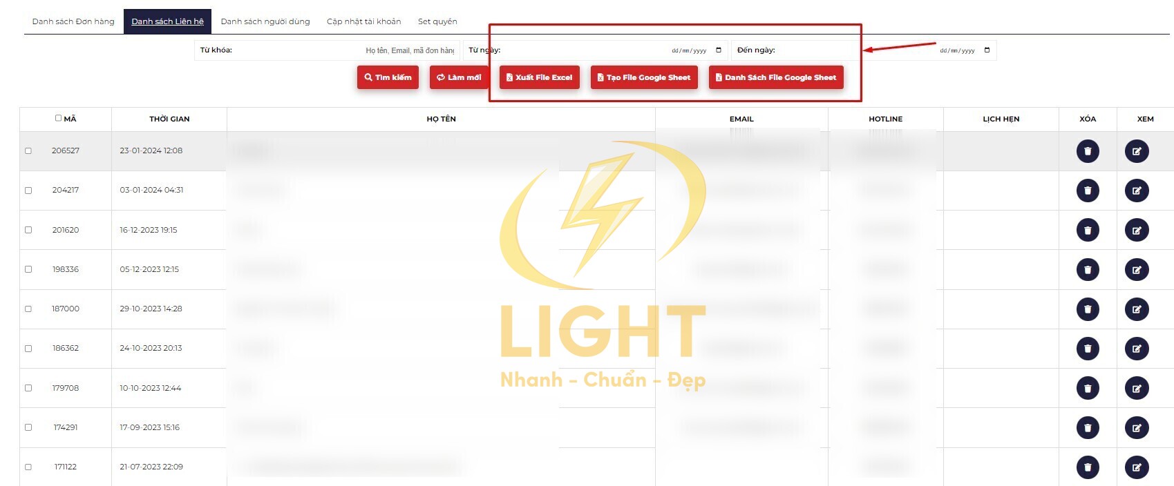 Tính năng xem thông tin liên hệ thông qua Google Sheet của LIGHT