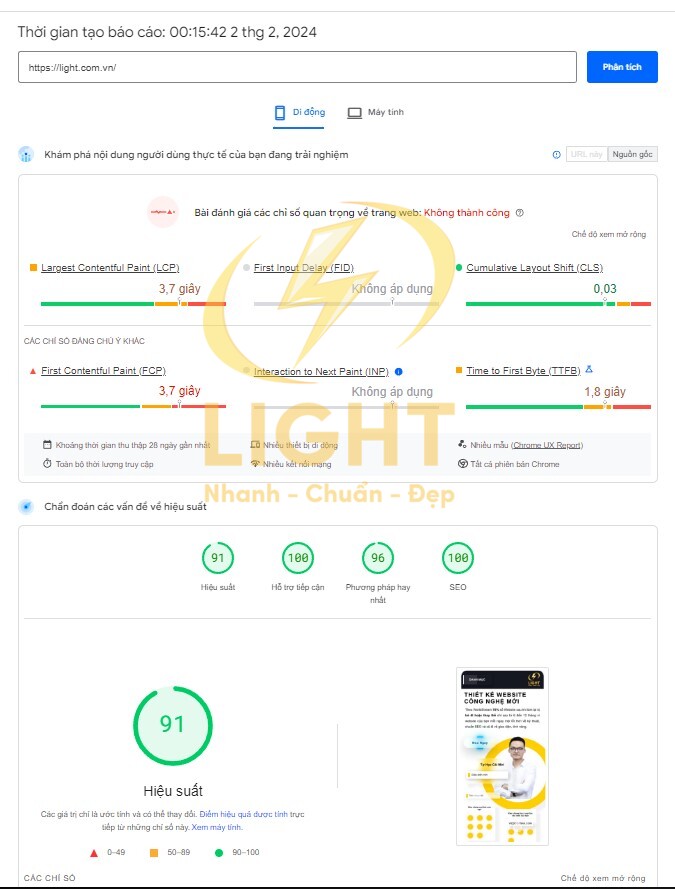 Tốc độ của Light trên trang web Developer Speed Insight