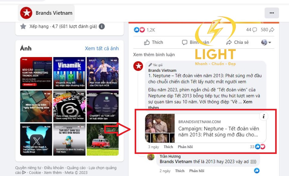 Nội dung web được Brands Vietnam chia sẻ trên mạng xã hội nhằm thu traffic miễn phí